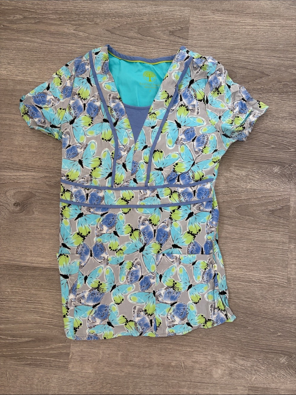 healing hands Teal, Blue & Lime Butterfly Print scrub top